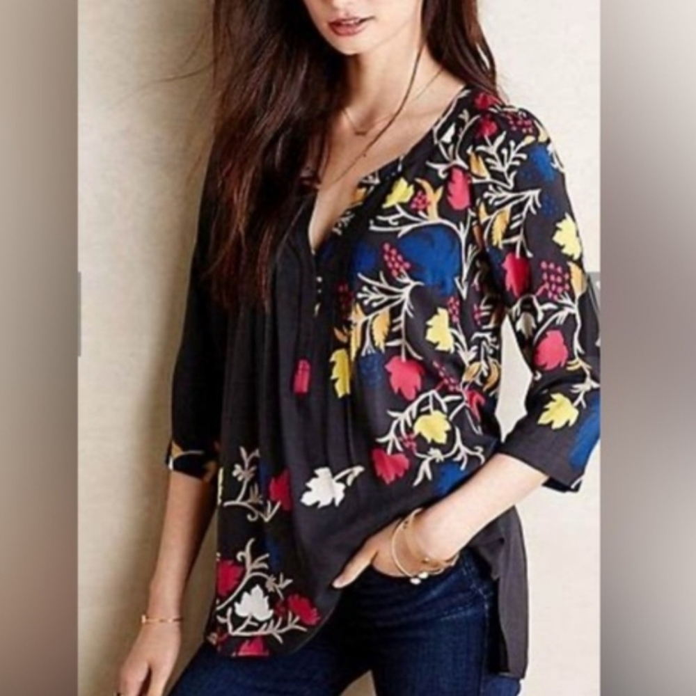 Anthropologie Plenty By Tracy Reese Black Floral Silk Popover Henley Small